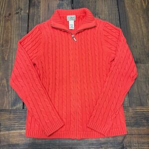 LL Bean Womens Cable Knit full Zip Sweater Red, size small, vintage, 100% cotton